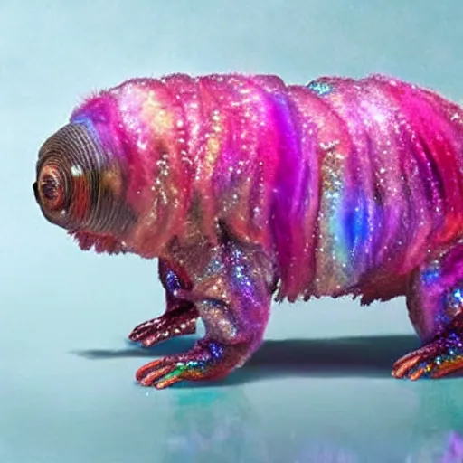 Prompt: tardigrade, water bear, covered in diamonds and pink fur, psychedelic, iridescent