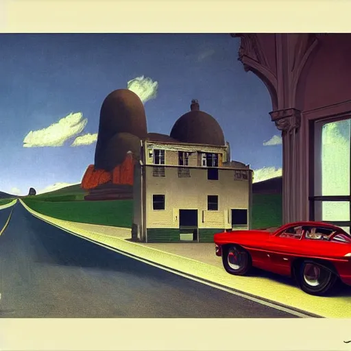 Prompt: an amazing car adventure across the country-side by Raphael, Hopper, and Rene Magritte. detailed, romantic, enchanting, trending on artstation.