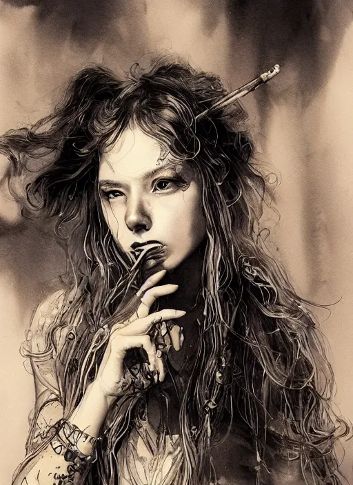 Image similar to portrait, beautiful Stoner hippy girl, sitting down, smoking a magical bong, watercolor, dramatic lighting, cinematic, establishing shot, extremely high detail, foto realistic, cinematic lighting, pen and ink, intricate line drawings, by Yoshitaka Amano, Ruan Jia, Kentaro Miura, Artgerm, post processed, concept art, artstation, matte painting, style by eddie mendoza, raphael lacoste, alex ross