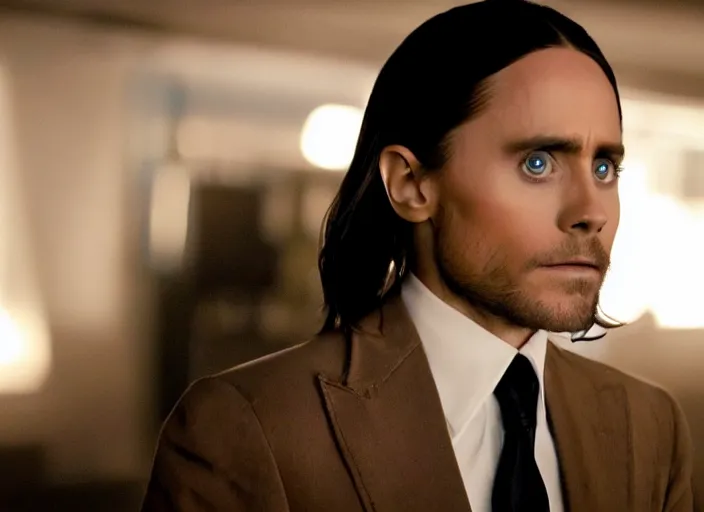 Prompt: film still of Jared Leto as Cobb with dark blue eyes in Inception, 4k