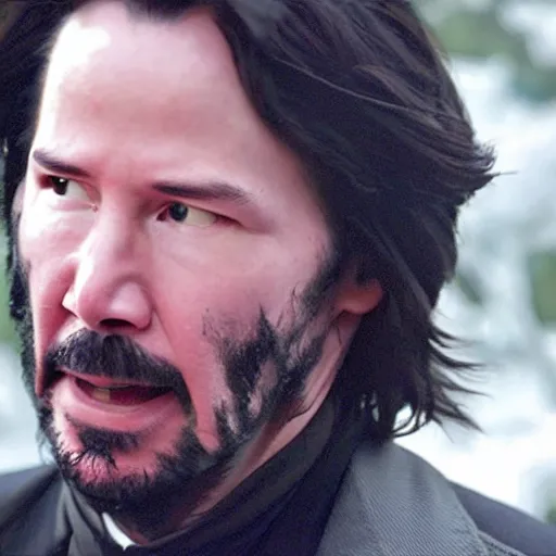 Image similar to A still of Keanu Reeves as President Snow in The Hunger Games (2012)