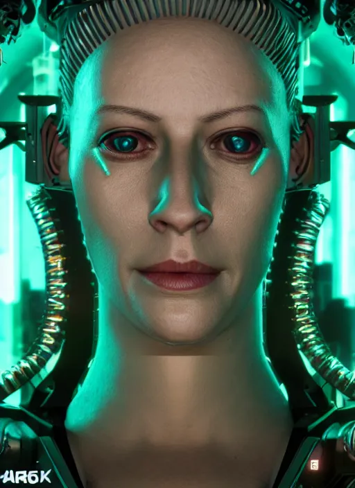 Image similar to 35mm portrait of a 7 of 9 borg with face implants on the background of a weird magical mechanical forest. Round gears visible inside her hear. Very detailed 8k. Fantasy cyberpunk horror. Sharp. Unreal 5 render with nanite, global illumination and path tracing. Cinematic post-processing