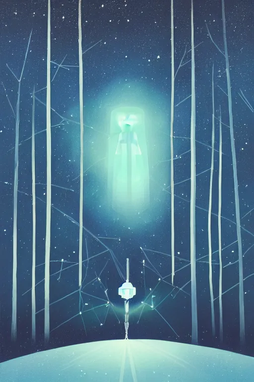Image similar to A geometric glossy white robot stands in the middle of a forest in the centre of the frame. softly glowing blue trees at night. The sky above has many stars and a beautiful blue aurora. Comet in the middle of the sky. Cyril Roland naomi okubo. Trending on artstation. Digital painting.