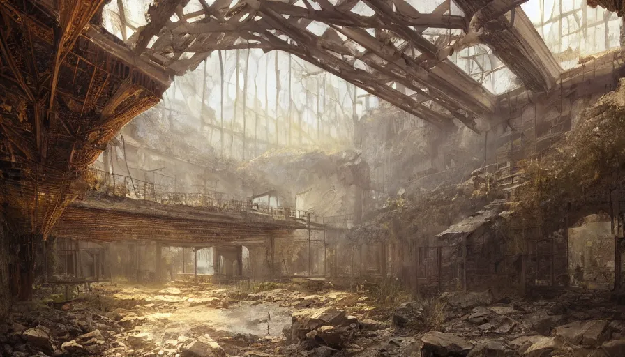 Image similar to a beautiful painting of of an old abandoned 1 9 th century gold mine with exposed beams by greg rutkowski and kalin popov, trending on artstation, masterpiece,