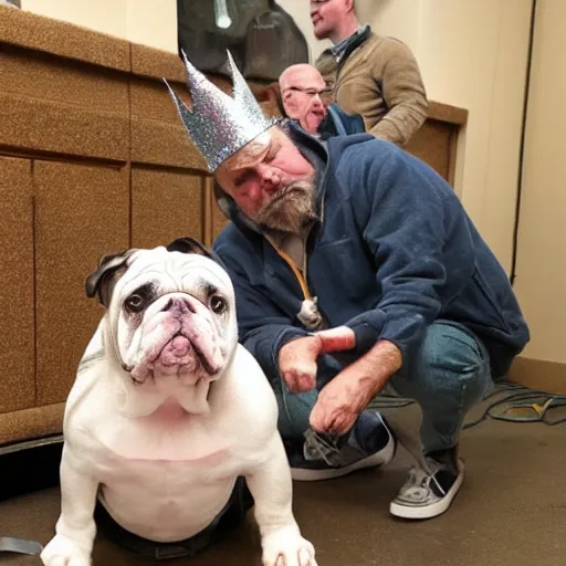 Image similar to Buddy the graying middle aged homeless man playing xbox and petting an english bulldog wearing a crown, dog wearing a plastic crown, photo by Wes Anderson