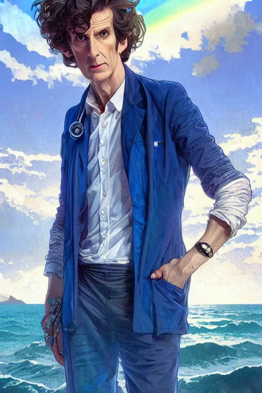 Prompt: doctor who, william hartnel on a beach, wearing a blue shirt with horizontal rainbow stripe, the ocean in the background, swirling colourful stars in the background, art by artgerm and greg rutkowski and alphonse mucha