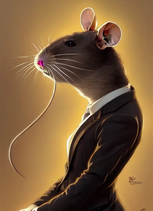 Image similar to a rat in corporate clothes!!!, antropomorph!!, portrait, intricate, elegant, highly detailed, digital painting, artstation, concept art, wallpaper, smooth, sharp focus, illustration, art by artgerm and greg rutkowski and alphonse mucha