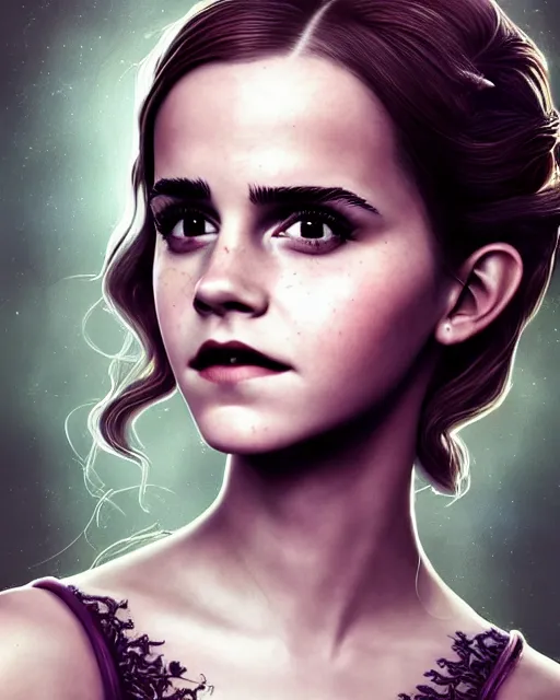 Prompt: full shot portrait painting of very beautiful emma watson as dark evil goddess lace eat apple, character design by mark ryden and pixar and hayao miyazaki, unreal 5, daz, hyperrealistic, octane render, cosplay, rpg portrait, dynamic lighting, intricate detail, harvest fall vibrancy, cinematic