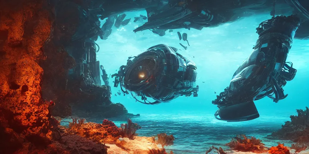 Prompt: underwater enviroment with a crashed alien ship in the background , unreal 5, hyperrealistic, realistic, photorealistic, dynamic lighting, highly detailed, cinematic landscape, studio landscape, studio lighting