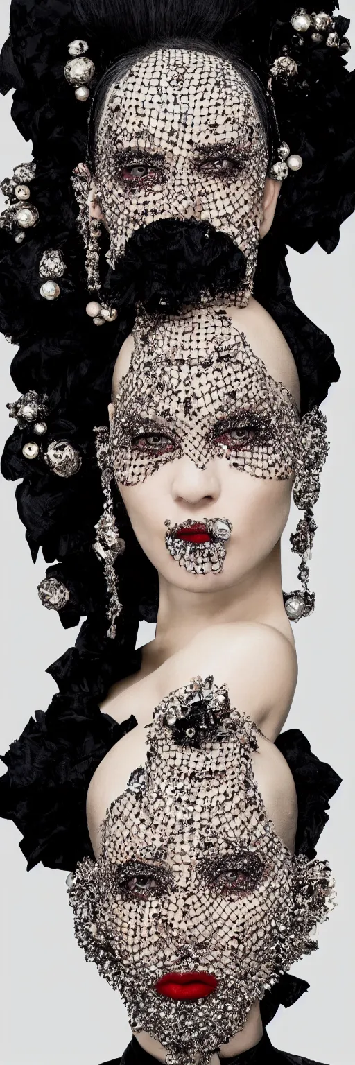 Image similar to a photograph of a woman with dark make-up around her eyes and red lipstick with slicked-back black hair wearing an outrageous Alexander McQueen mesh face jewelry across her face, encrusted with hanging beads and diamonds, haute couture, high fashion, Eiko Ishioka