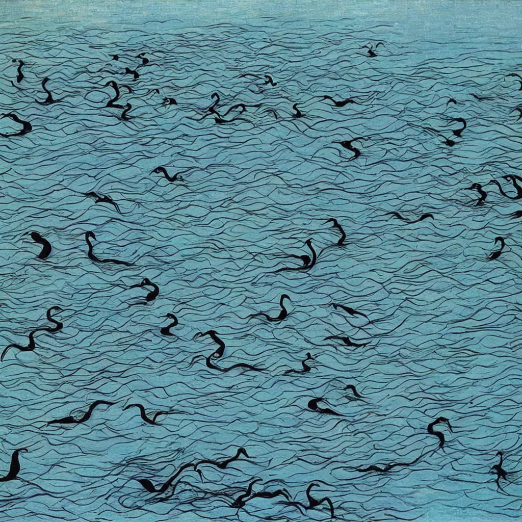 Prompt: blackswans in a lake, lake is super blue, sky is visible, lake surrounded by forest, by collaboration of M. C. Escher and Salvador Dali and Van Gogh