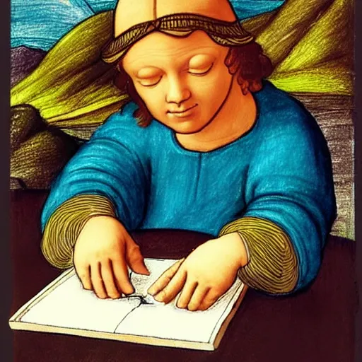 Image similar to brunette boy with his eyes closed, drawing sketches on his notebook, colorful painting, elegant, clear, in the style of leonardo da vinci, mountains in the background, masterpiece,