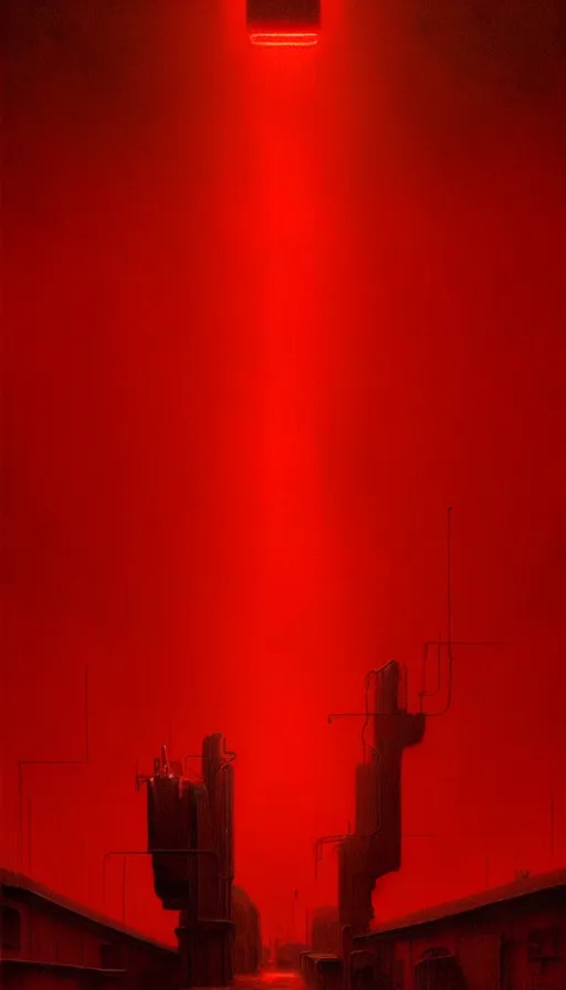 Image similar to only with red, a giant weird industrial zone with strange lights in the background, in the style of beksinski, by edward hopper and rodcenko and yue minjun and cory loftis, intricate and epic composition, red by caravaggio, highly detailed, masterpiece, red light, artstation, art nouveau