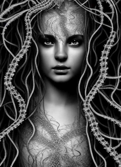 Image similar to surreal mythical dreamy dark artistic black and white fine art photo of a beautiful young female medusa - cyborg covered with lace fish scales and translucent algae, highly detailed, intricate crystal ivy jelly fish scales ornate, lace web, poetic, octane render, 8 k, photo - realistic