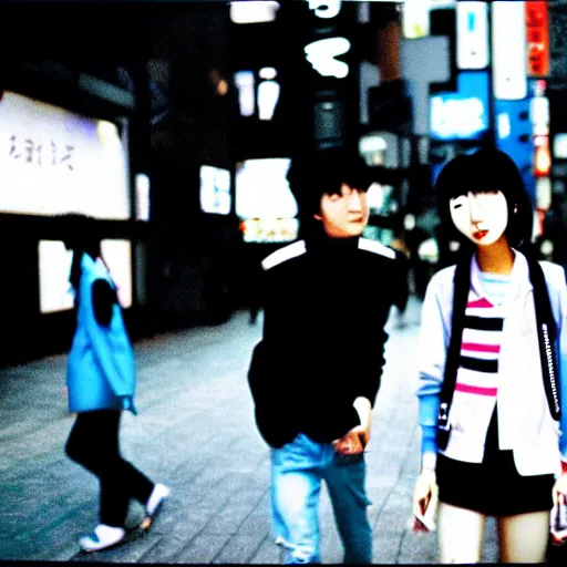 Image similar to ! dream japanese teenagers male and female, street photography in the 8 0 s, blue scheme, economic boom, punks, highly realistic, photography, highly detailed, cinematic lighting, tokyo, fashion, wearing sony walkman and headphones