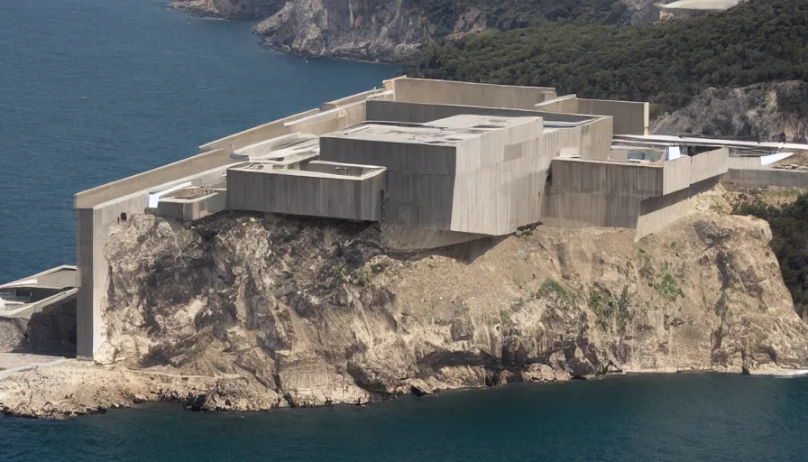 Image similar to big military base perched on a cliff overlooking a magnificient bay, laboratory, drawing architecture, pritzker architecture prize, greig fraser