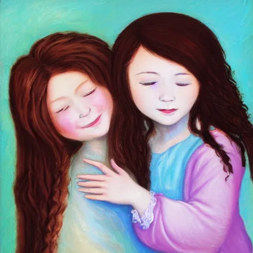 Prompt: a young black haired girl hugging a young ginger haired girl and smiling, beautiful, innocent, angelic, happy, warm, soft lighting, in the clouds, renaissance, beautiful, cherubic, oil painting