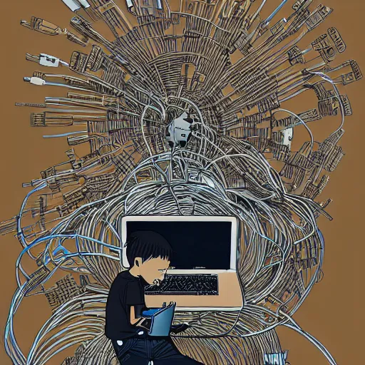 Image similar to illustration of a boy connected to his laptop with hundreds of wires, highly detailed, by ghibli, butcher billy, mcbess, rutkowski, james jean, 8 k, photorealistic