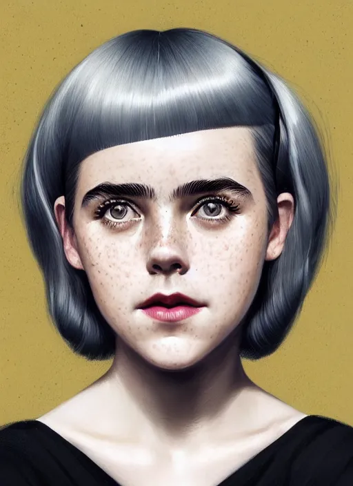 Image similar to portrait of kiernan shipka with freckles, white hair, 1 9 6 0 s bob hairstyle, hairstyle with bangs, 1 9 6 0 s bob hair with bangs and hairband, intricate, elegant, glowing lights, highly detailed, digital painting, artstation, concept art, smooth, sharp focus, illustration, art by wlop, mars ravelo and greg rutkowski