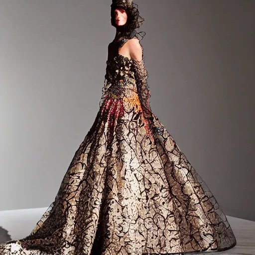 exclusive evening dress made of bronze transparent | Stable Diffusion