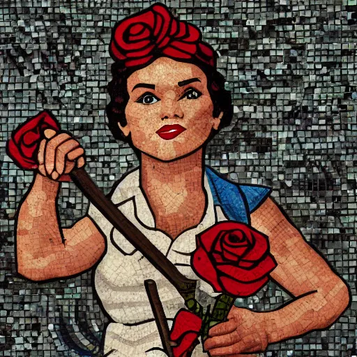 Image similar to Rosie the riveter holding a hammer and sickle, wearing a red rose, on roman mosaic