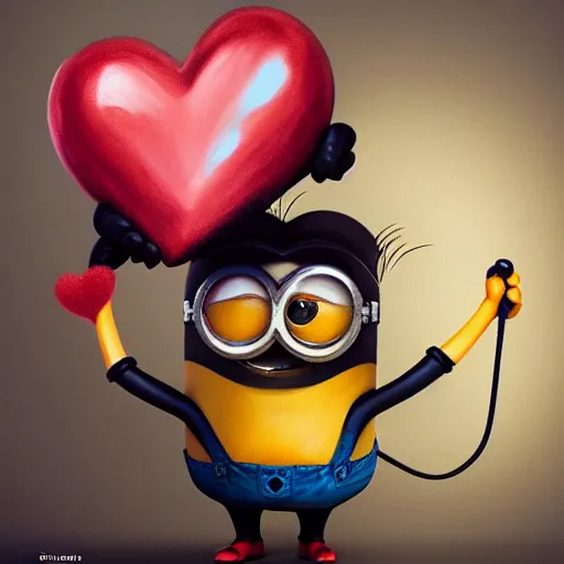 Image similar to an epic painting minion, holding big red heart in his hands, oil on canvas, perfect composition, golden ratio, beautiful detailed, photorealistic, digital painting, concept art, smooth, sharp focus, illustration, artstation trending, octane render, unreal engine