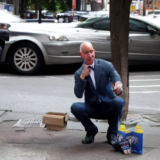 Prompt: jeff bezos begging on the street, highly detailed, photograph