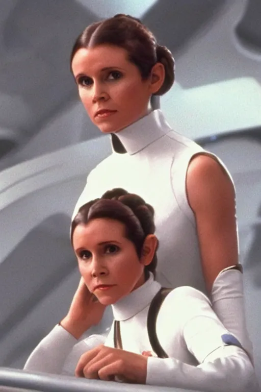 Image similar to princess leia on the bridge of the USS enterprise D, start trek the next generation, 1991