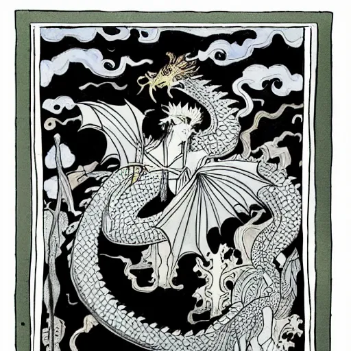 Image similar to the dragon lord of dreams watercolour painting by Aubrey Beardsley