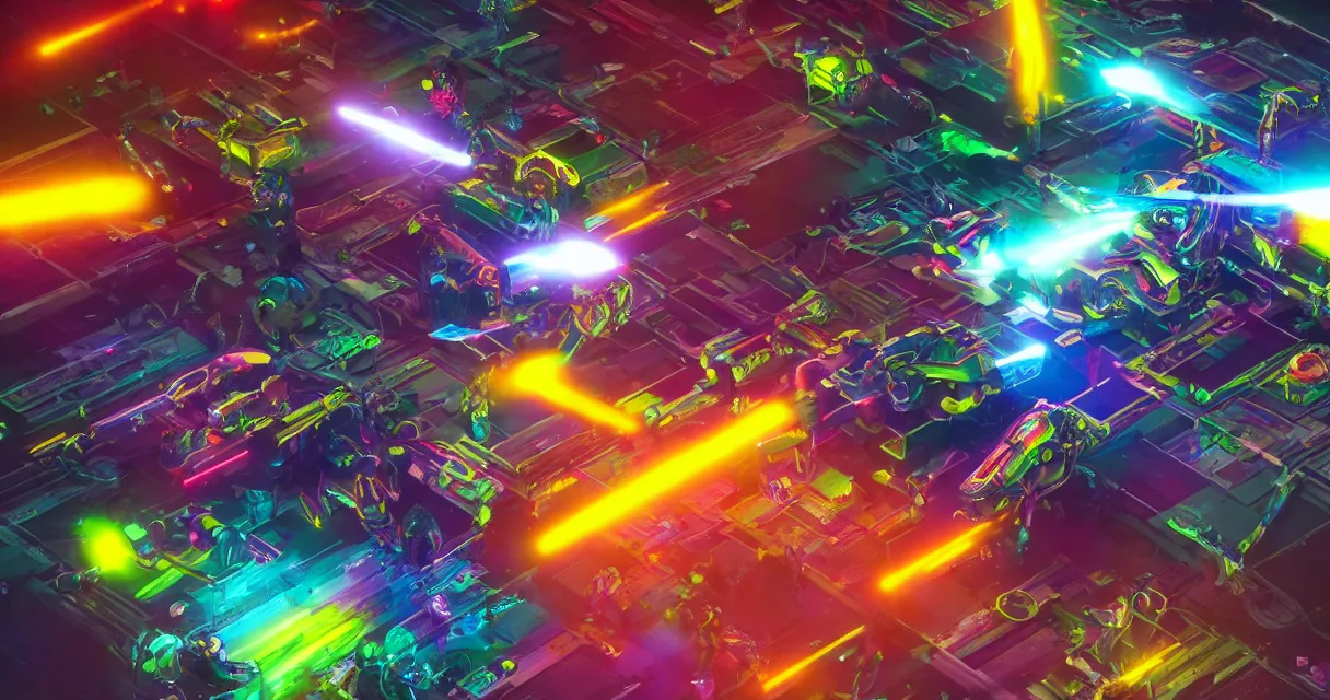 Image similar to vivid colors, spectrum, robot fight, drama, high quality, vray, cg, crazy, space