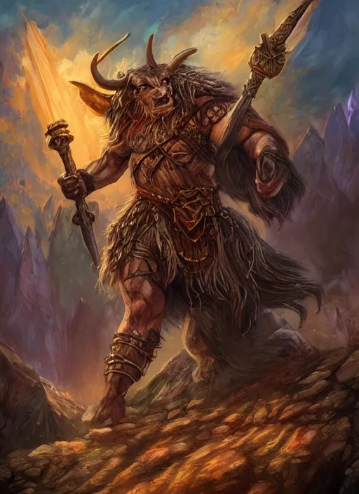 Image similar to minotaur dnd, ultra detailed fantasy, dndbeyond, bright, colourful, realistic, dnd character portrait, full body, pathfinder, pinterest, art by ralph horsley, dnd, rpg, lotr game design fanart by concept art, behance hd, artstation, deviantart, hdr render in unreal engine 5