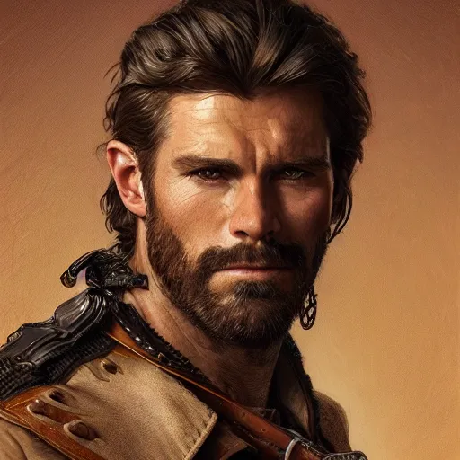 Image similar to portrait of a rugged ranger, coherent hands, handsome, muscular, full body, leather, hairy, d & d, fantasy, intricate, elegant, highly detailed, digital painting, artstation, concept art, smooth, sharp focus, illustration, art by artgerm and greg rutkowski and alphonse mucha