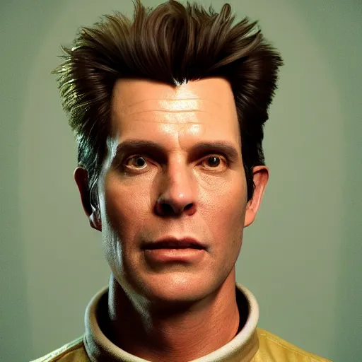 Image similar to hyperrealistic image of ace ventura pet detective astronaut, stunning 3 d render, inspired by istvan sandorfi & greg rutkowski & unreal engine, perfect symmetry, dim volumetric cinematic lighting, 8 k octane comprehensive render, extremely hyper - detailed, incredibly lifelike attributes, intricate, real flesh texture, masterpiece, artstation, stunning,