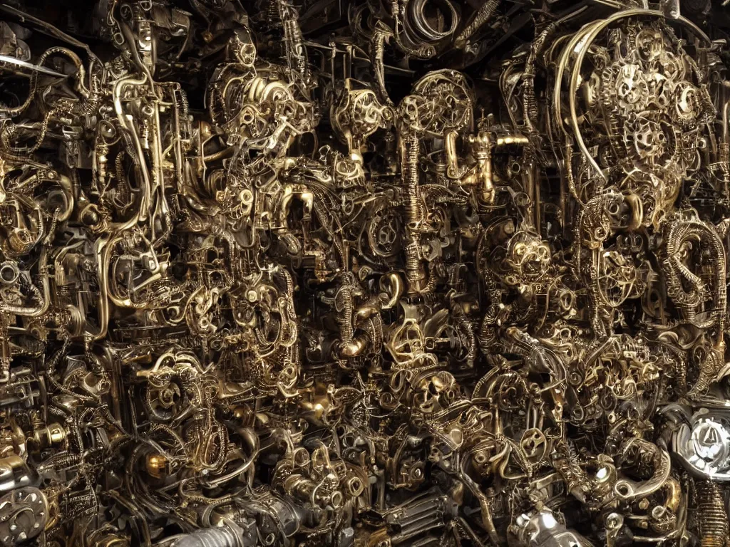 Prompt: < highly detailed machinery, gold silver copper bronze metal, hundreds of gears, a thousand pipes, human skulls, ivory eyeballs, rust, rivets, dark gloomy with creepy lighting, style of H.R. Giger