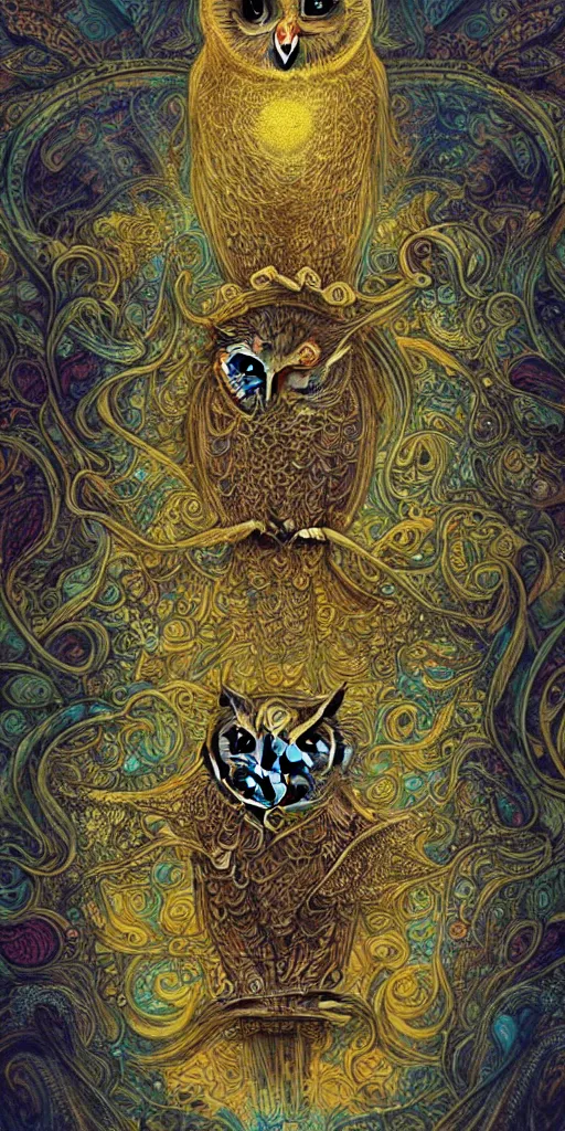 Prompt: intricate ornate of an owl with beautiful yellow eyes on a psychedelic journey in the style of android jones, sacred, ethereal, sacred geometry, hyper detailed, high detail, artstation, octane, unreal engine