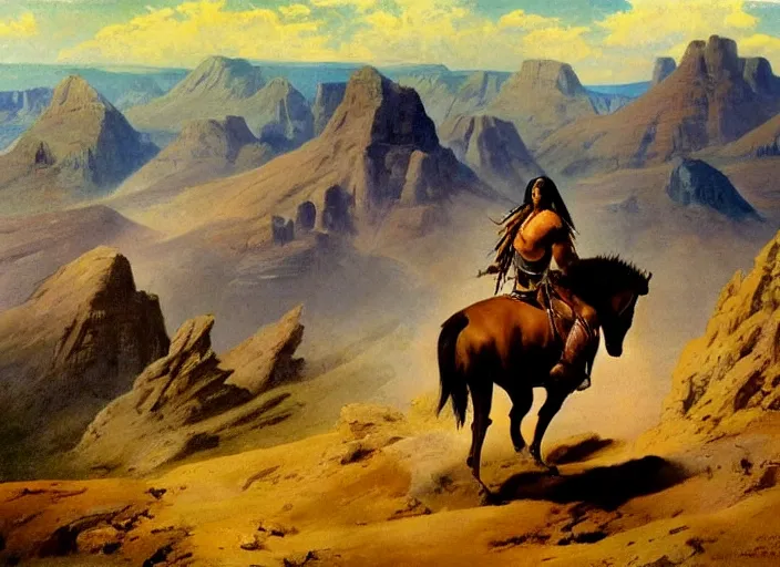 Prompt: powerful native american warrior!! beautiful native american riding horse, buffalo, mountain range, beautiful sky, standing on the edge of a cliff, nineteenth century, painted by frazetta