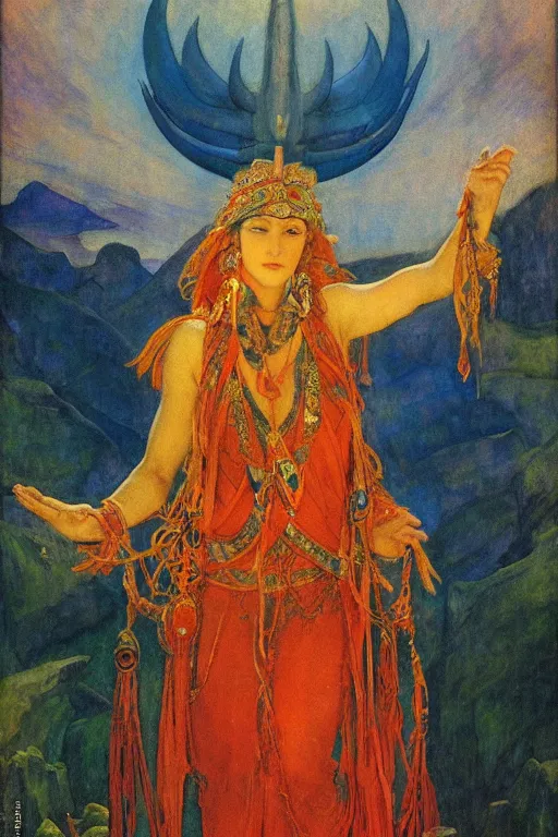 Image similar to goddess of the lost city with her regalia, by Annie Swynnerton and Nicholas Roerich and jean delville, dramatic cinematic lighting , ornate headdress , flowing robes, lost civilizations, extremely detailed