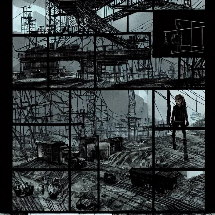 Prompt: sadie sink pulls a trolley in a coal mine. storyboard, scifi cyberpunk. by gabriel hardman, joe alves, chris bonura. cinematic atmosphere, detailed and intricate, perfect anatomy