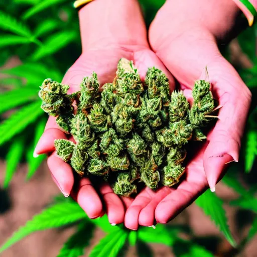 Prompt: photo of hand holding quality marijuana buds, 4 k, pov, closeup