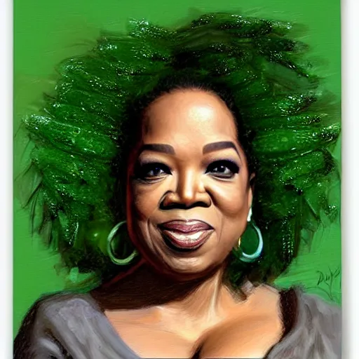 Image similar to a dish of oprah winfreys face fused with okra veg with green stalky ( ( green oprah winfrey's face ) ), oprah okra winfrey sentient veg, by greg rutkowski