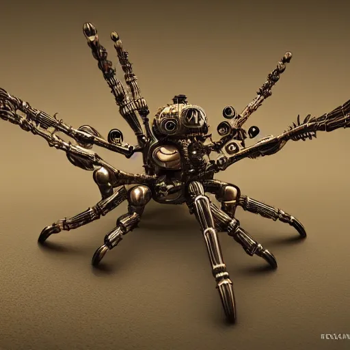 Image similar to steampunk spider robot with eight legs and gears, insane details, sharp focus, octane render