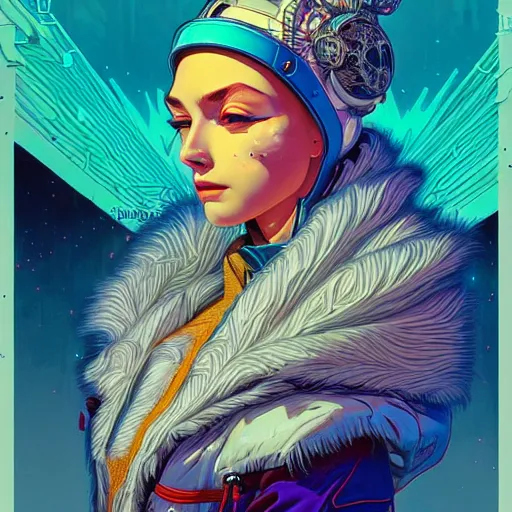 Image similar to high quality high detail portrait of a snow queen diesel punk character in an futuristic world, tristan eaton, victo ngai, artgerm, rhads, ross draws, hyperrealism, intricate detailed, alphonse mucha, 8 k, sci - fi, pastel colors, vintage, retro sci - fi, artstation,