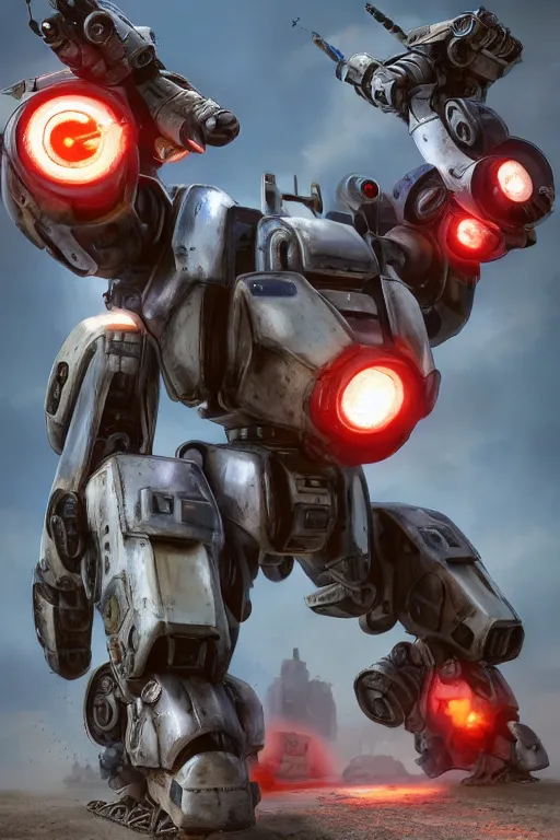 Image similar to mechwarrior 5 : mercenaries mech megaman transformer robot boss tank engine game octane render, 4 k, hd 2 0 2 2 3 d cgi rtx hdr style chrome reflexion glow fanart, global illumination ray tracing hdr fanart arstation by ian pesty by jesper ejsing pixar and disney unreal zbrush central hardmesh