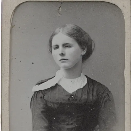 Prompt: 1 9 th century photograph of a working class girl, long blonde hair, white dress