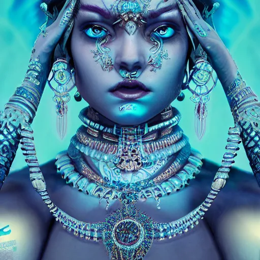 Prompt: portrait of demon goddess with perfect skin, glowing, ornate and intricate blue jewelry, jaw dropping beauty, glowing background lighting, white accent lighting, hyper detailed, 4 k octane render