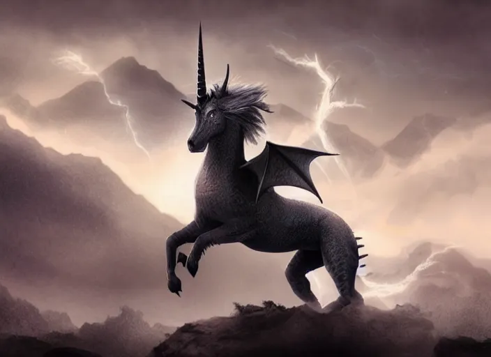 Prompt: digital art, trending on artstation, unicorn fighting a dragon, storm, mountains in the background, foggy, high details
