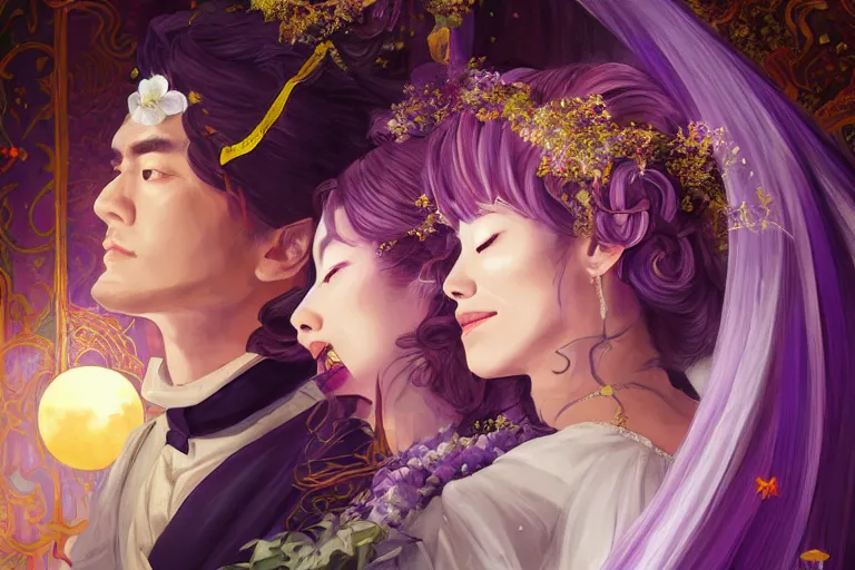 Image similar to a cinematic portrait of wedding photograph jpeg close up moment of a divine a japan sun god and moon goddess lovers magician at a wedding banquet. portraiture. digital painting. artstation. concept art. fantasy wedding photo. digital painting, 8 k realistic, hyper detailed, violet evergarden art masterpiece by art by krenz cushart