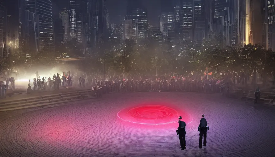 Image similar to policemen protect a huge spiral - shaped luminous object right in the center of the city from protesting people, night, rain and light fog, professional lighting, concept art in 3 d, high detail, professional lighting