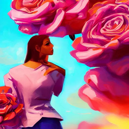 Image similar to closeup, giant rose flower head, frontal, a girl with suit, surreal photography, sunrise, blue sky, dramatic light, impressionist painting, digital painting, artstation, simon stalenhag