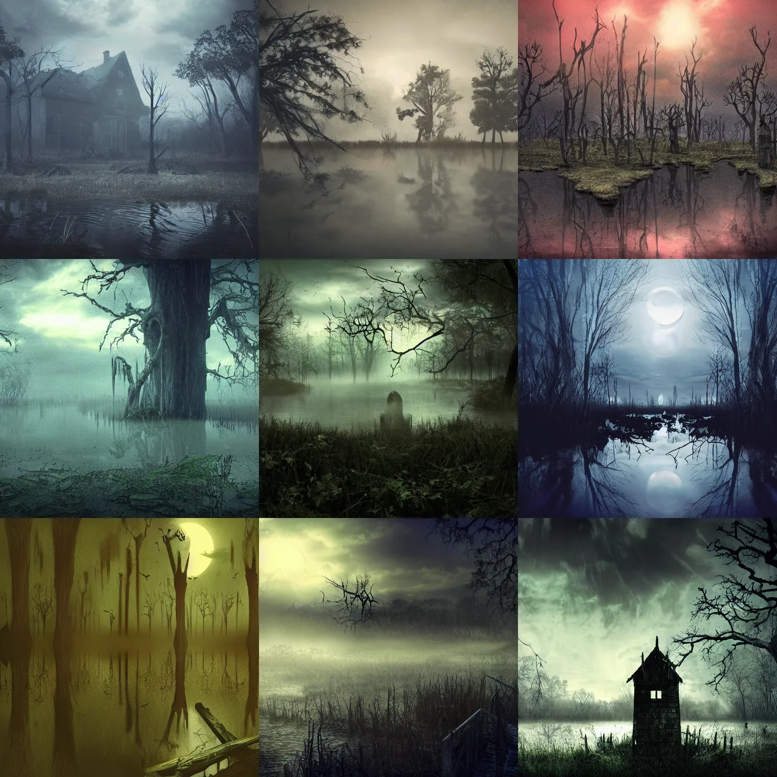 Prompt: an ominous curse taking over a swamp, dusk, very unsettling, scary, spooky photo, key visual